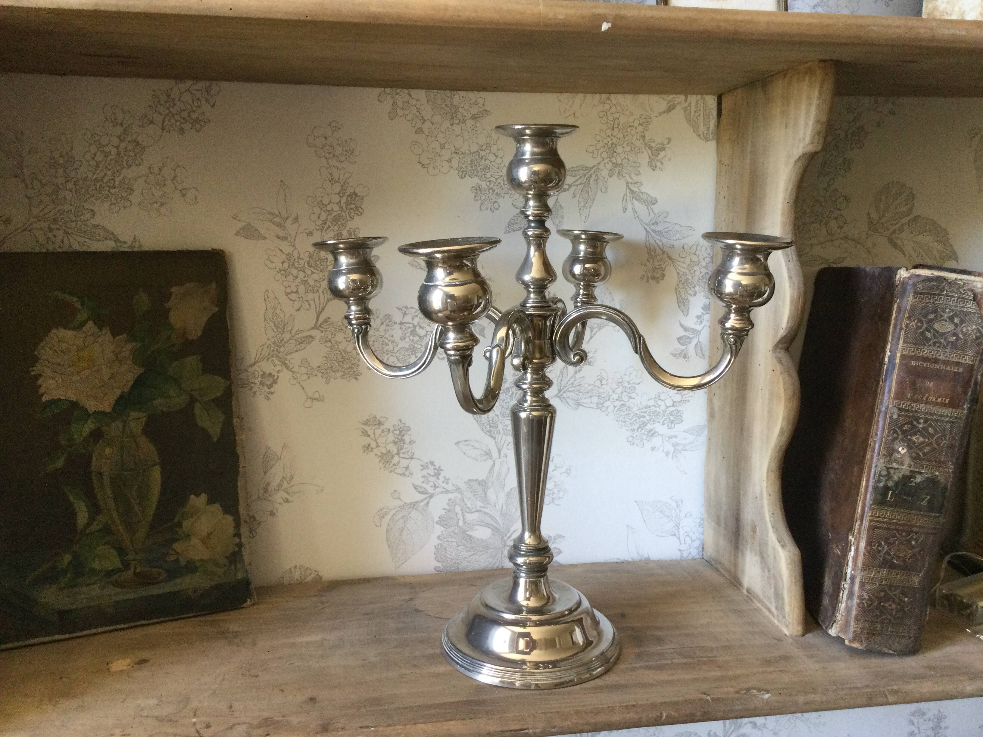 5-branch silver-plated metal candle holder