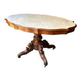 Table violon sur roulettes en bois sculpté et marbre gris 130 x 82 cm