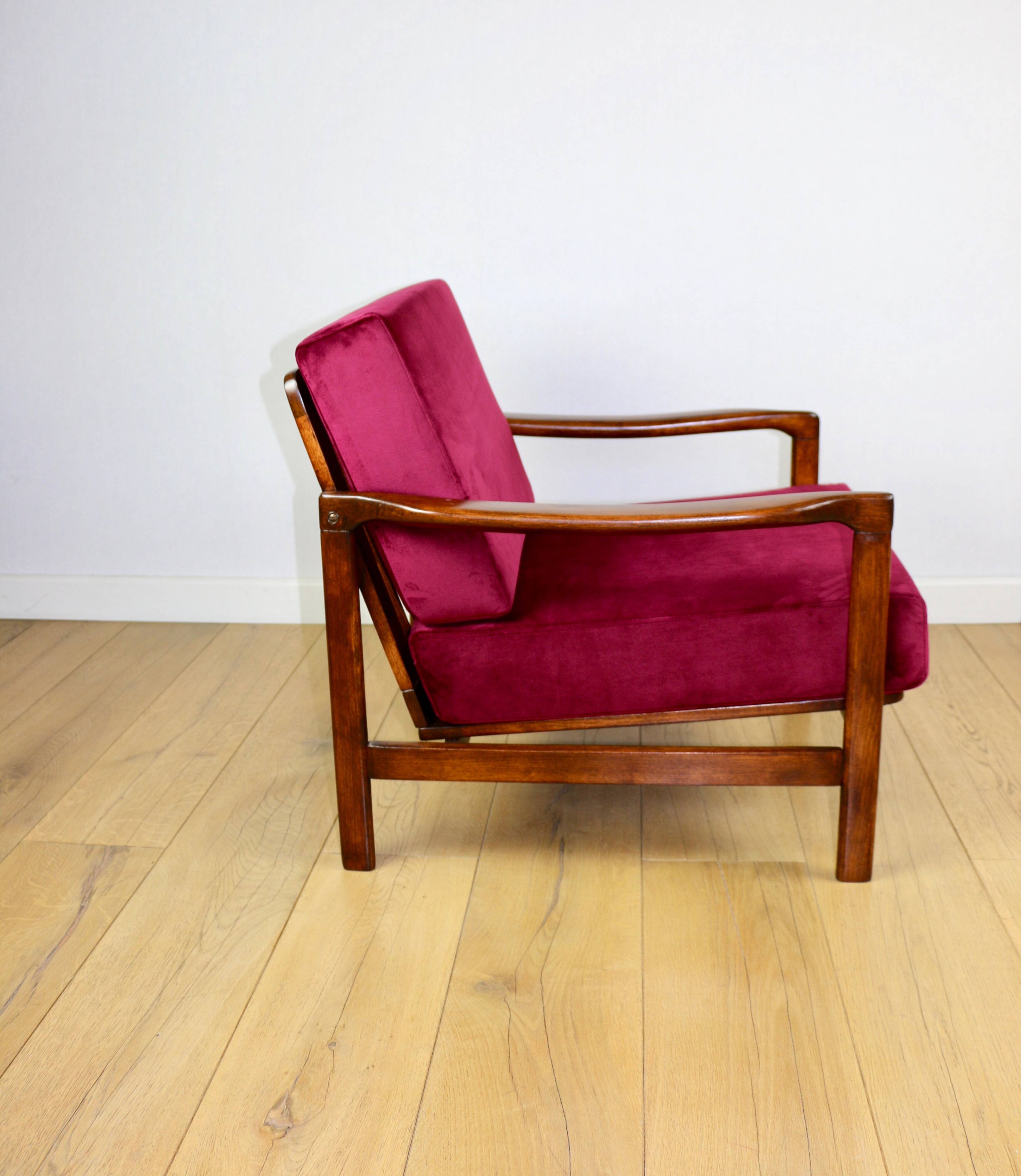 Wooden vintage brown armchair, burgundy raspberry, design by Z. Bączyk - 2 pieces available