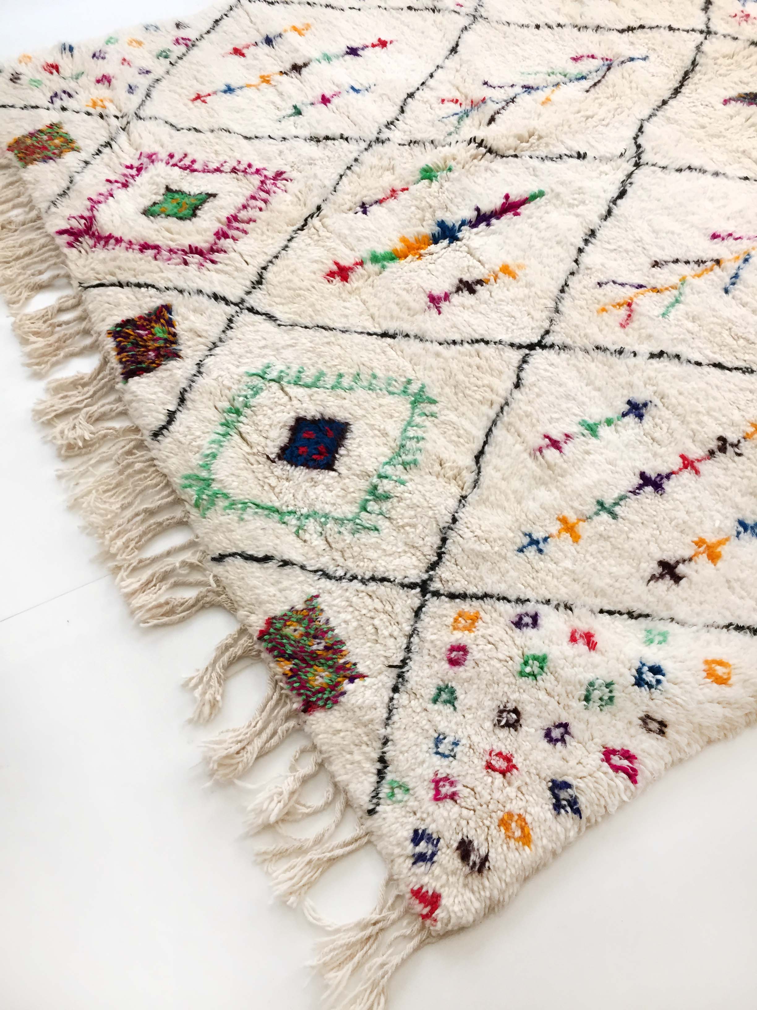 Moroccan Berber carpet azilal ecru with diamonds and colorful patterns 300x188cm