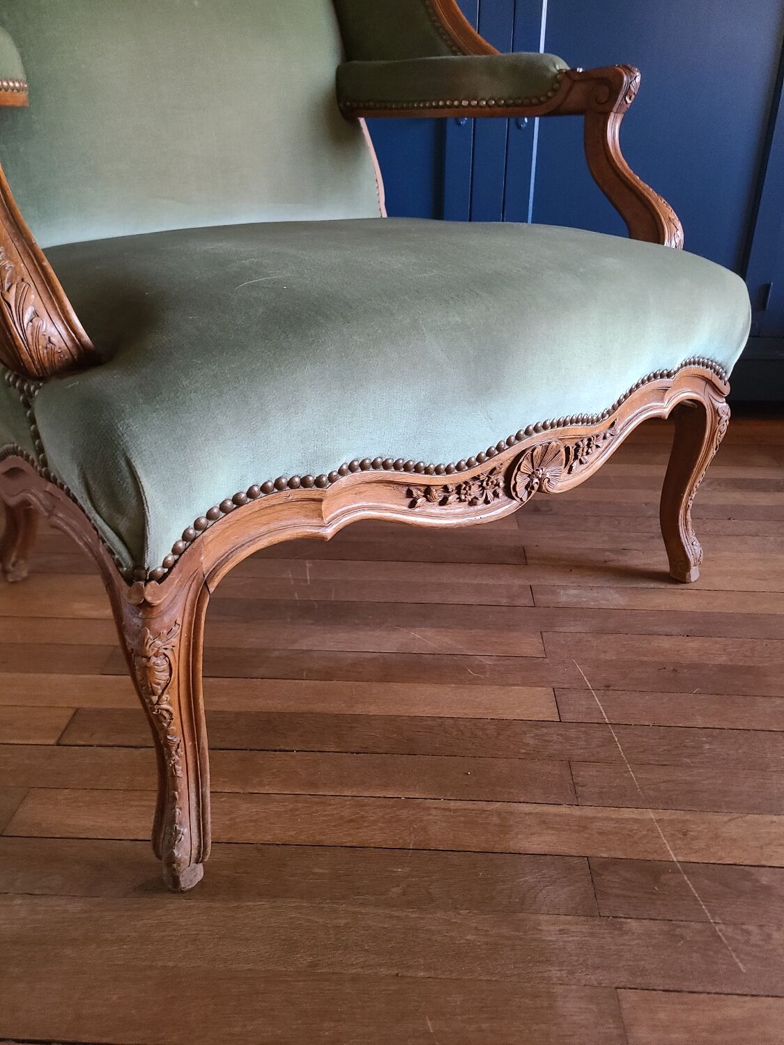Vintage Louis XV style wing chair, light green velvet