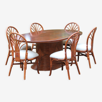 Ensemble table et 6 chaises - Rotin et bois massif