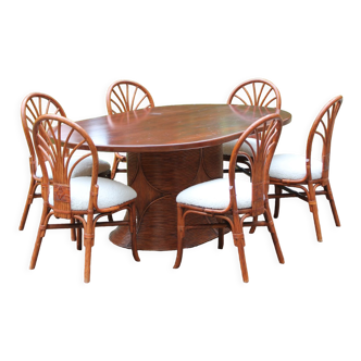 Ensemble table et 6 chaises - Rotin et bois massif