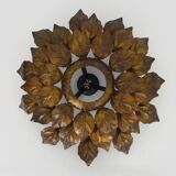 Sun ceiling light, foliage ceiling light in gold metal, vintage ceiling light. 70s