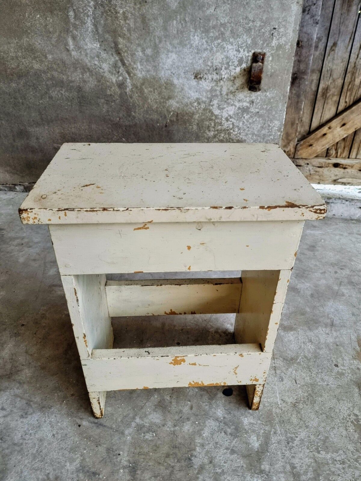 Vintage wooden stool side table creamy white