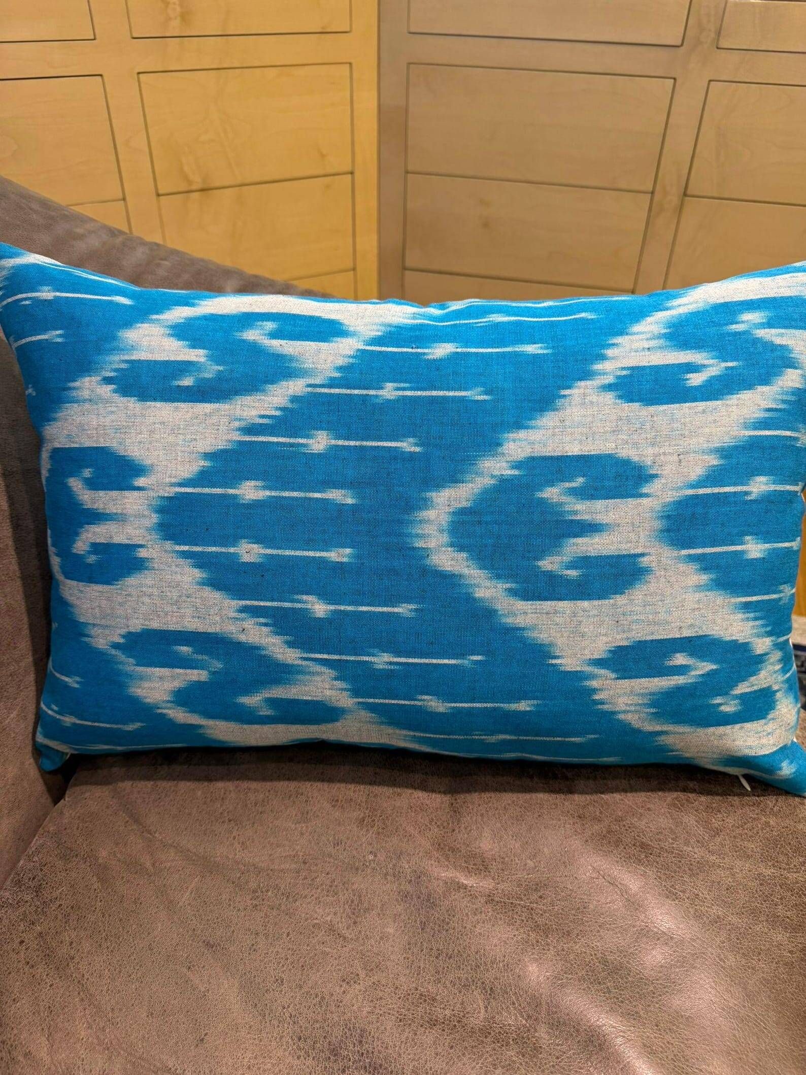 Hand Crafted Silk Ikat Lumbar Cushion Cover, Sky Blue Wave Pillow Case