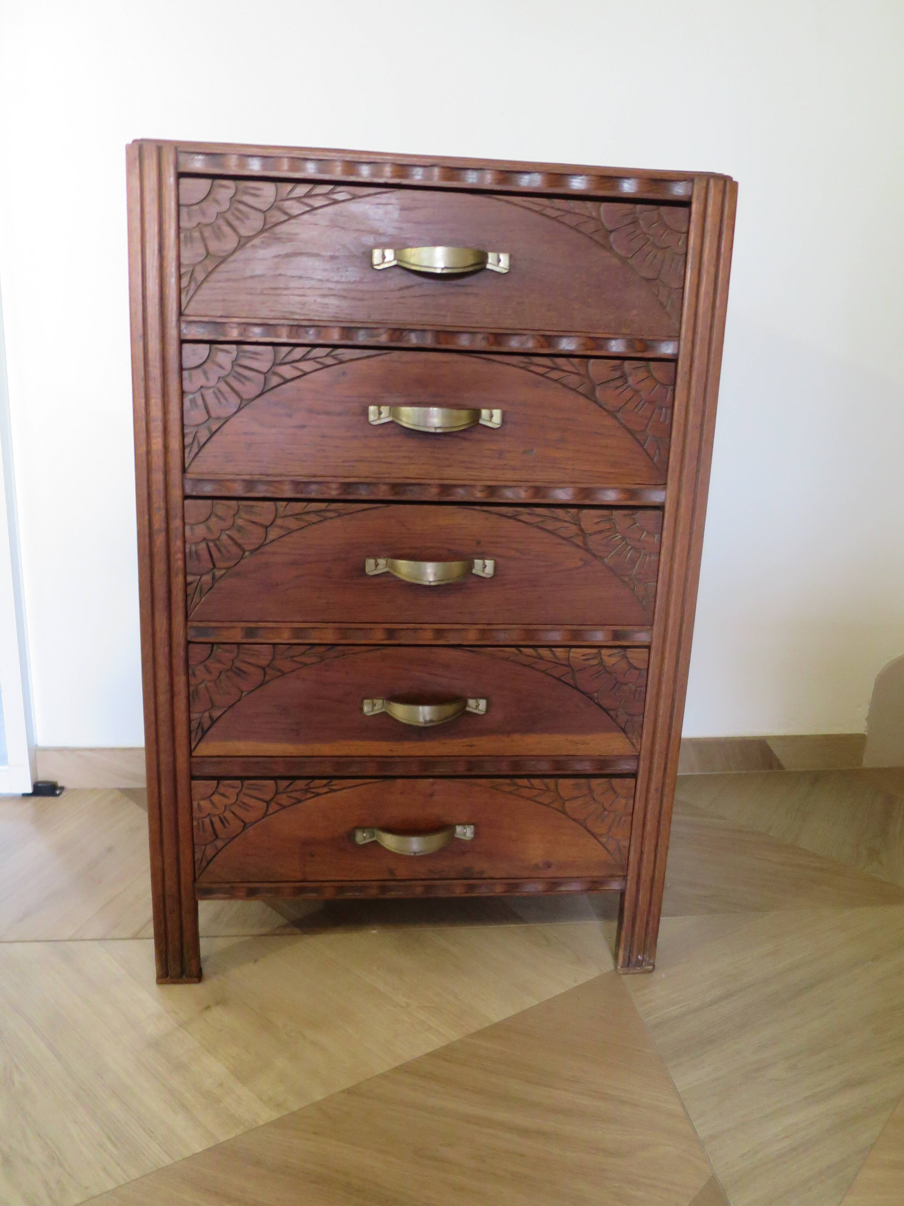 Art Deco Chest of Drawers - 5 drawers - 1950s - Carved wood - Pattern