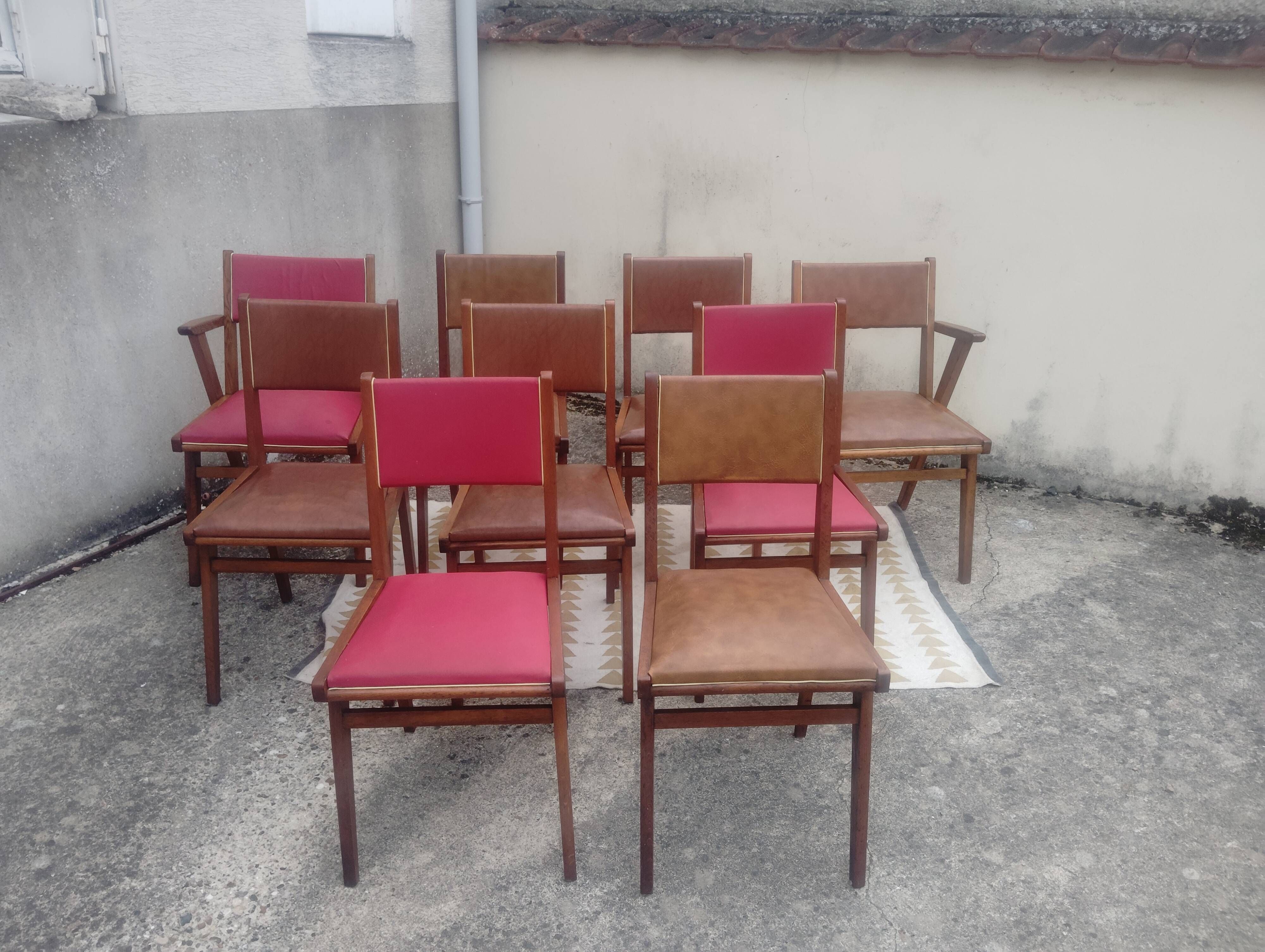 Set 7 chaises et 2 fauteuils bridge vintage chêne+simili