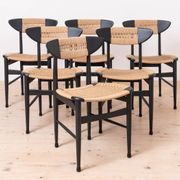 Set of 6 Scandinavian Modern Dining Chairs, Rope Seating and Backrest, 1960