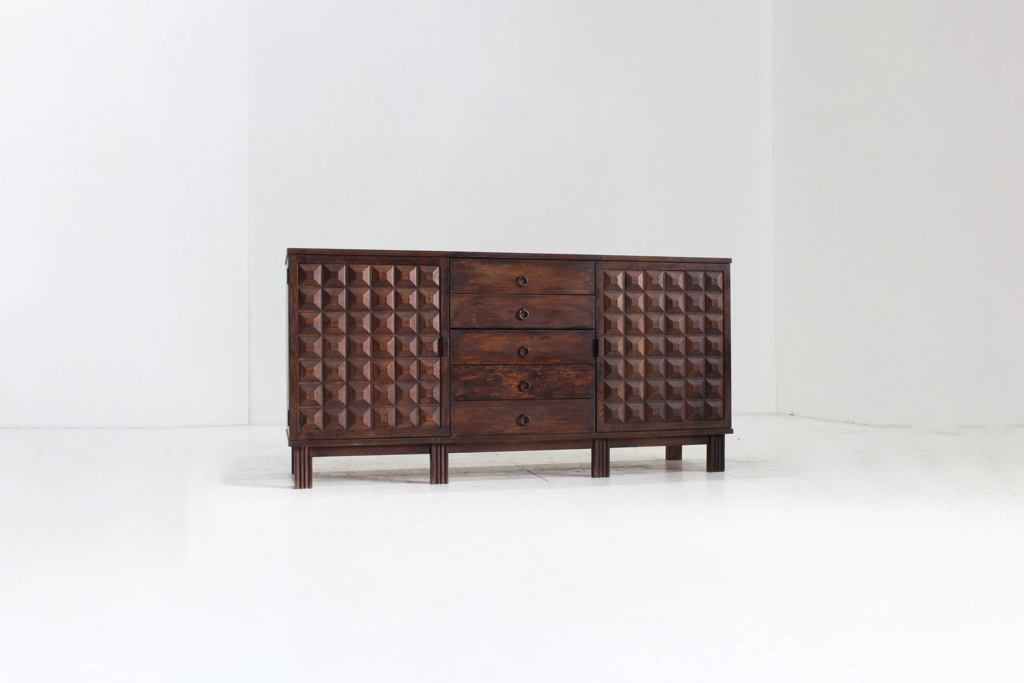 Brutalist Spanish carved sideboard credenza