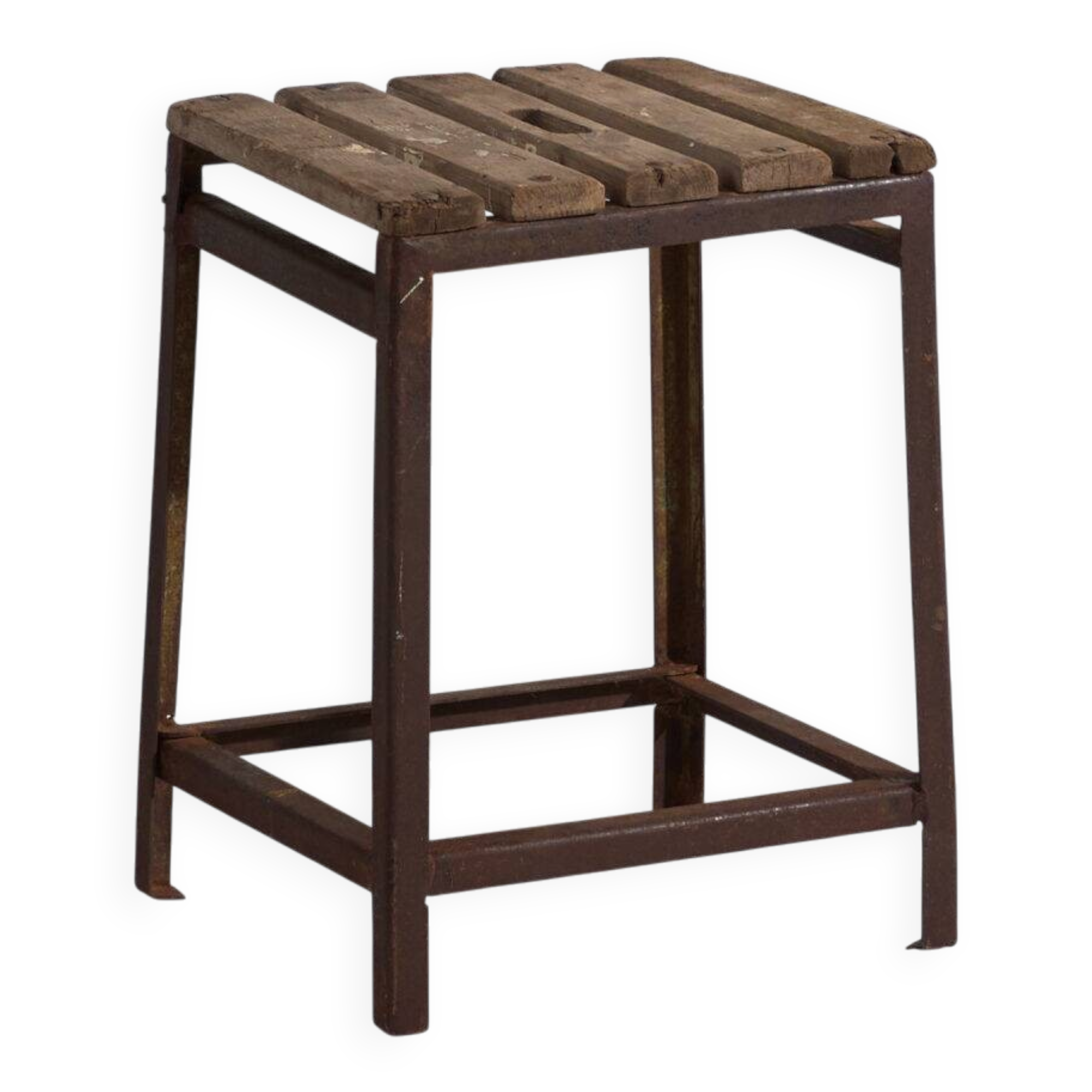 Vintage industrial stool made of pine wood and iron – Central Europe, around 1950