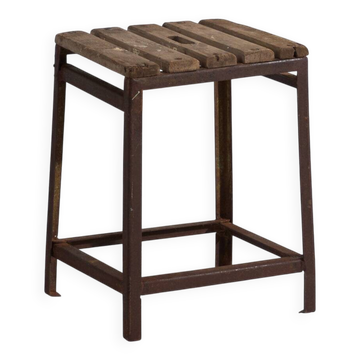 Vintage industrial stool made of pine wood and iron – Central Europe, around 1950