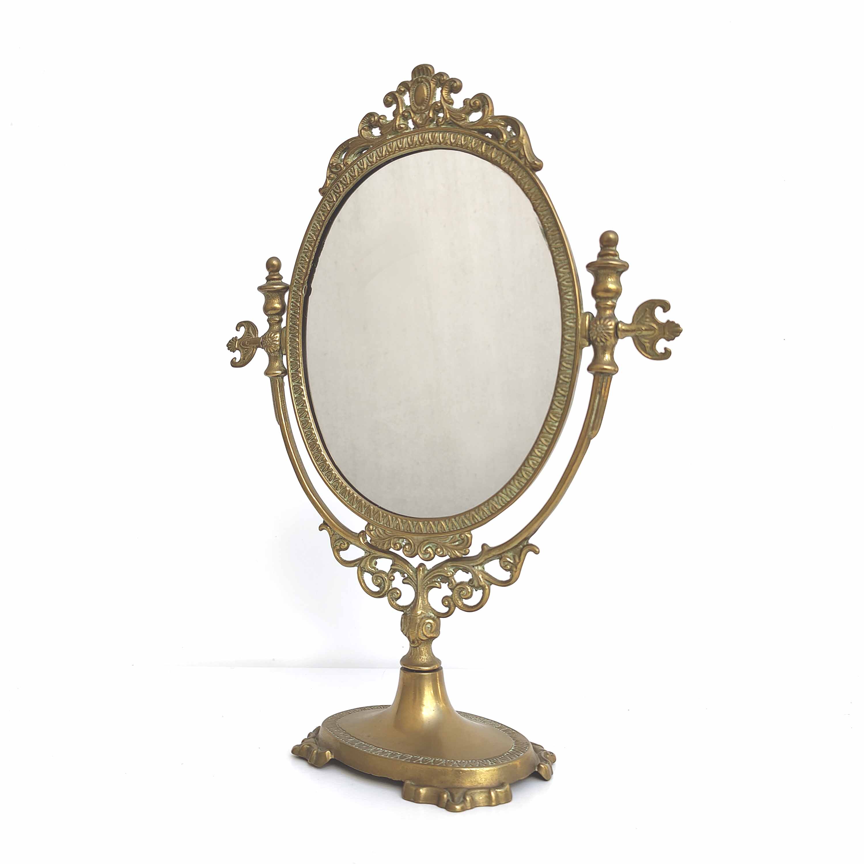Brass table psyche mirror