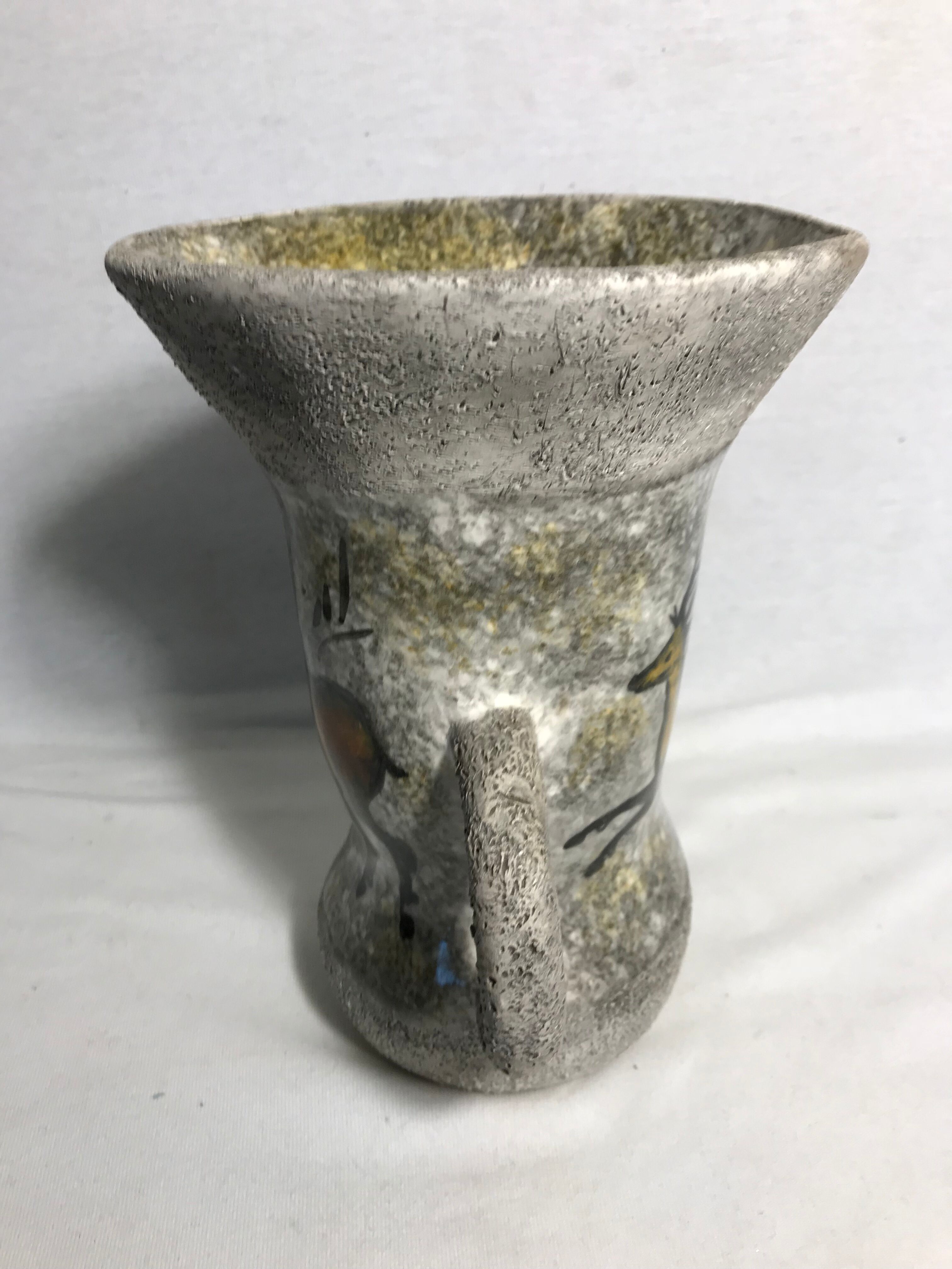Old grey enamelled ceramic  2 handles vintage deer vase
