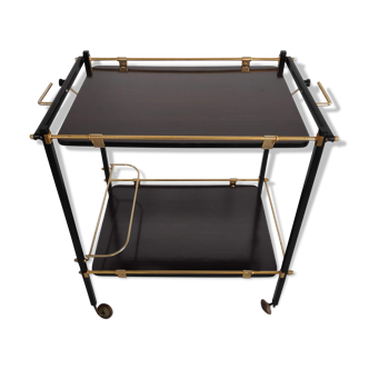 Side table with wheels in gilded metal and laminated veneer from the 70s