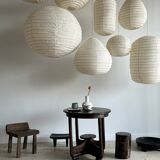 Suspension in rattan and natural japanese linen in the shape of a drop