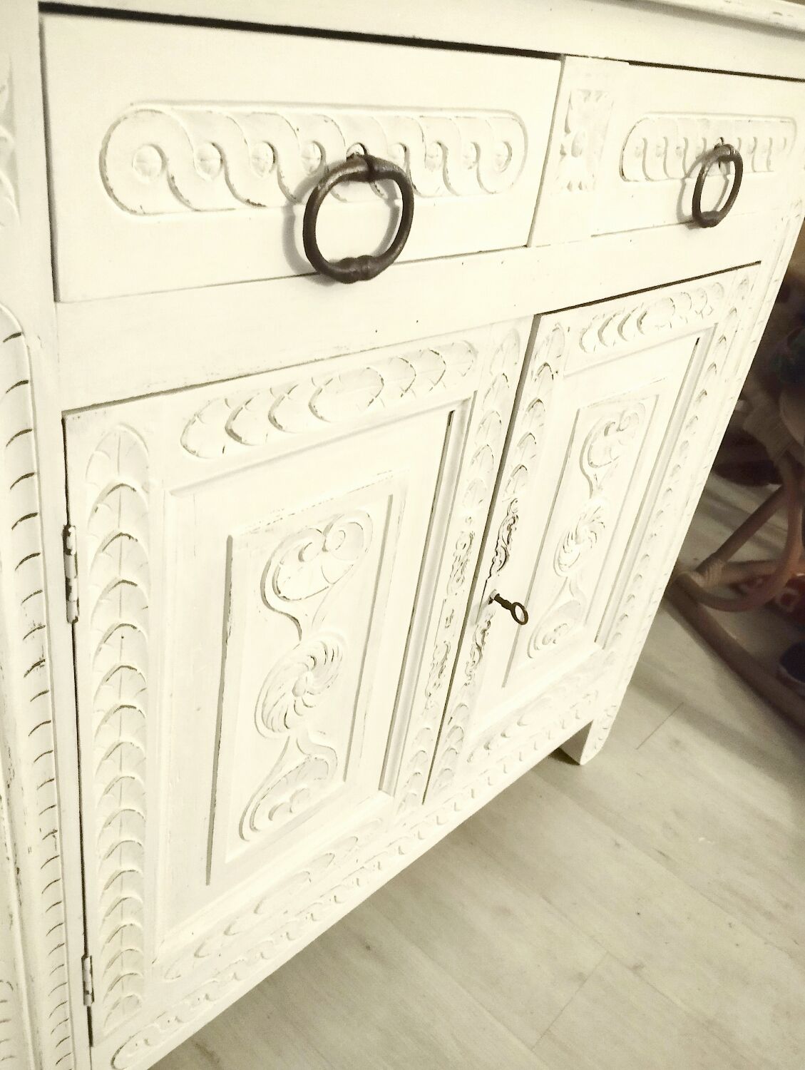 Carved walnut sideboard, white patina