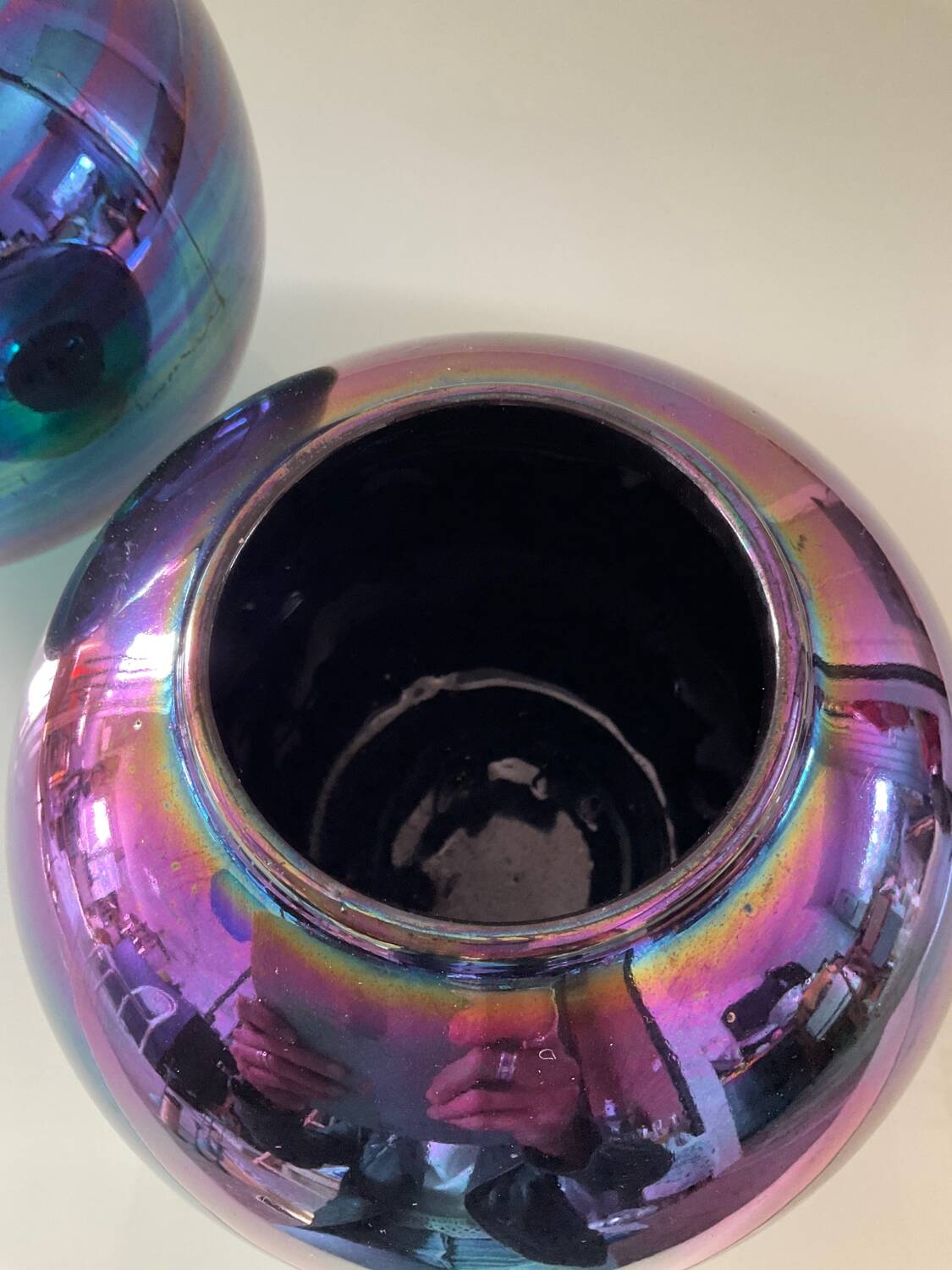 Duo of vintage iridescent ceramic vases from the 70s