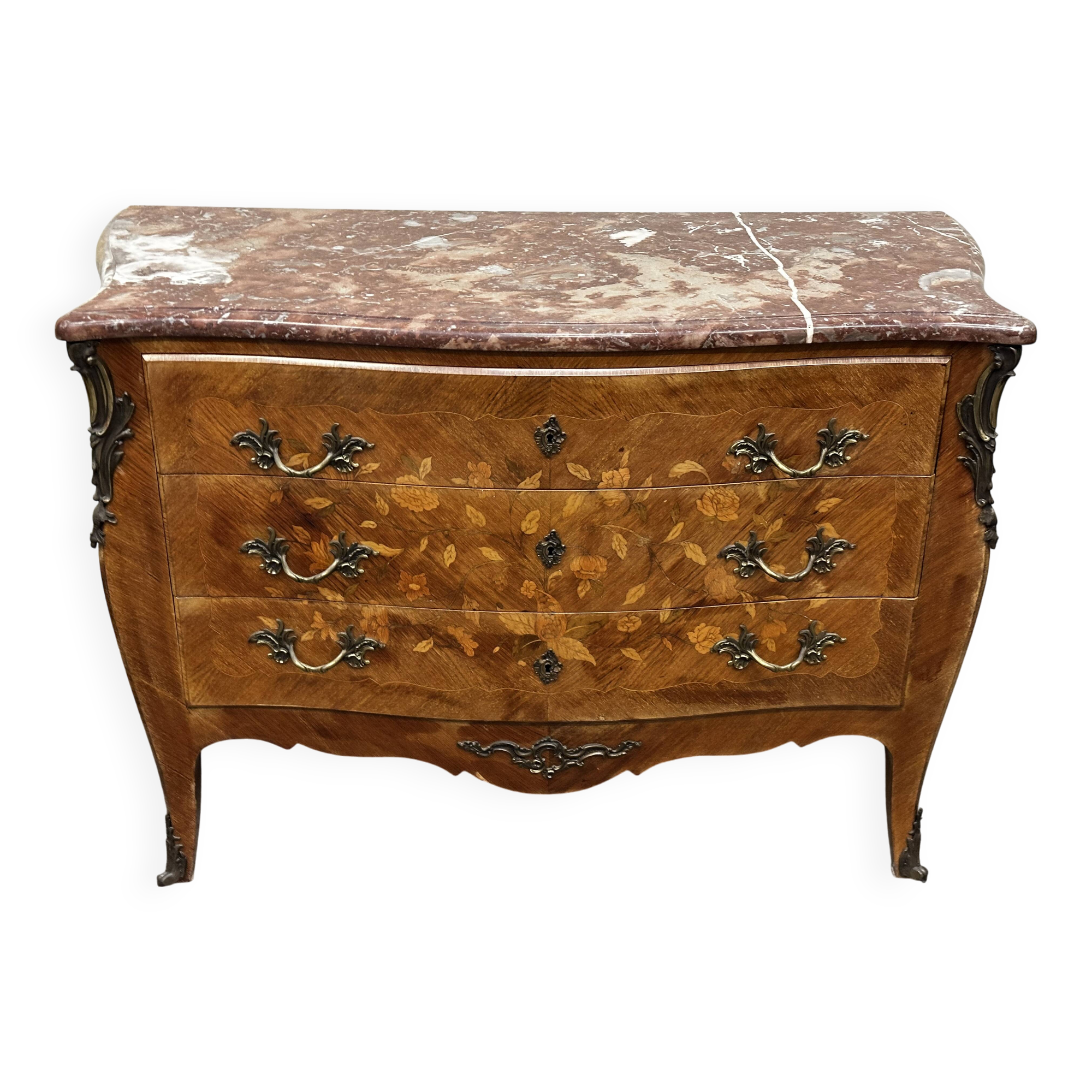 Curved and inlaid chest of drawers, Louis XV style, late 19th-early 20th century