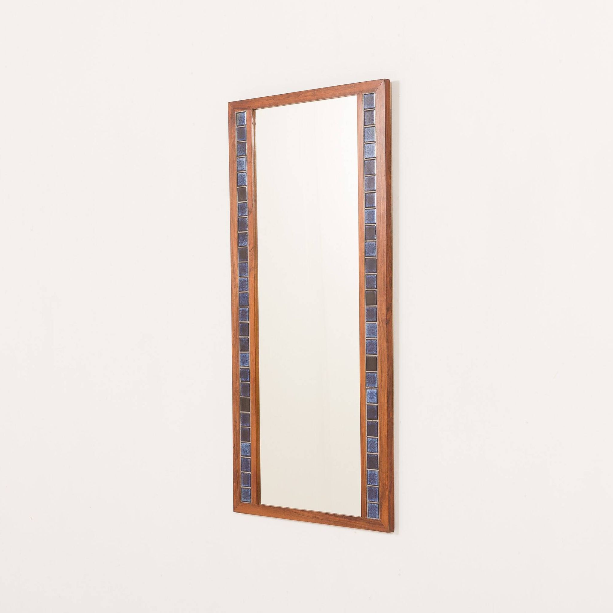 Scandinavian mid century XL rosewood wall mirror with blue tiles, 1970s