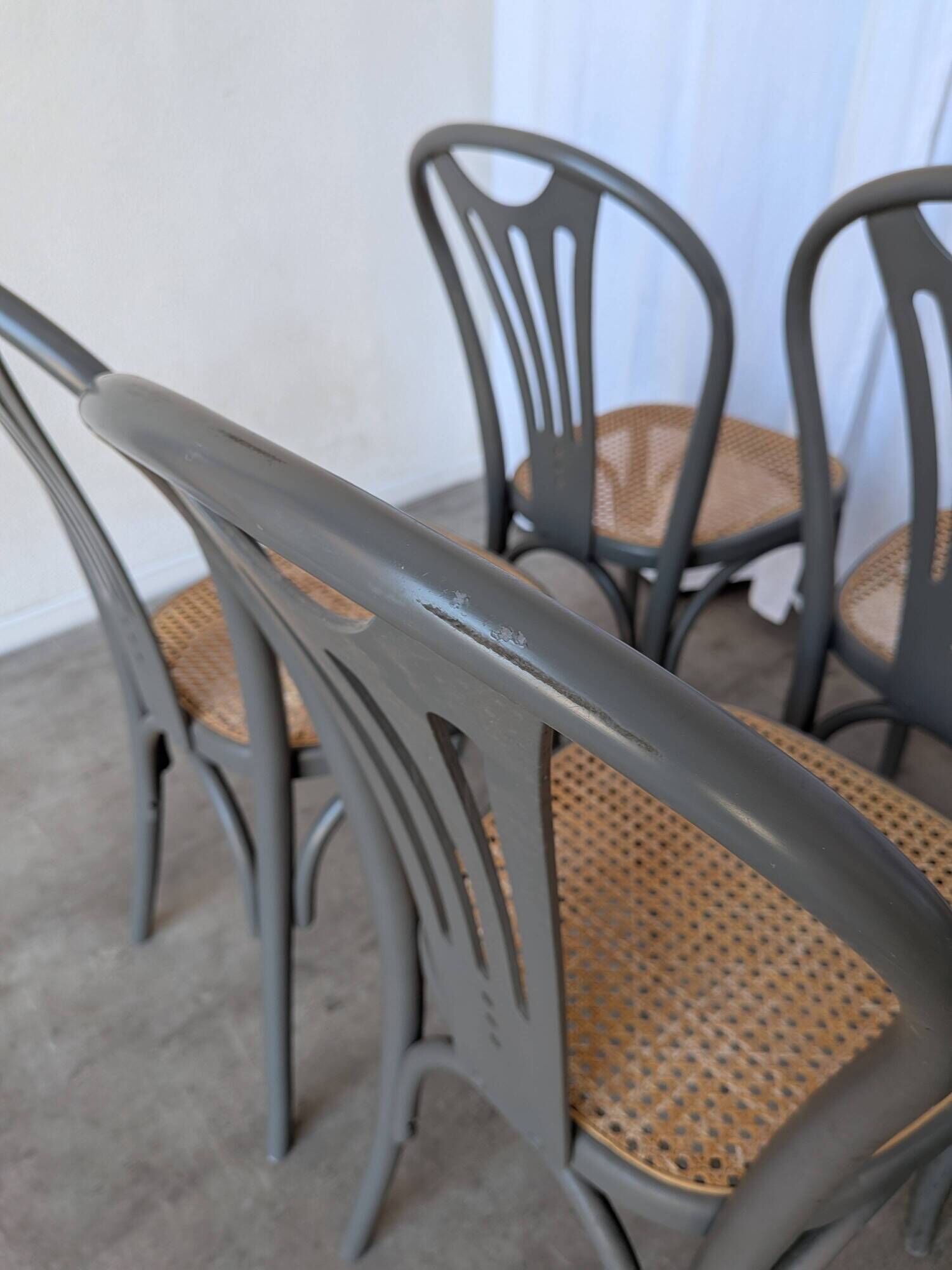 Set of 8 Vintage Gray Bentwood Dining Chair: Thonet Style Cane Seat
