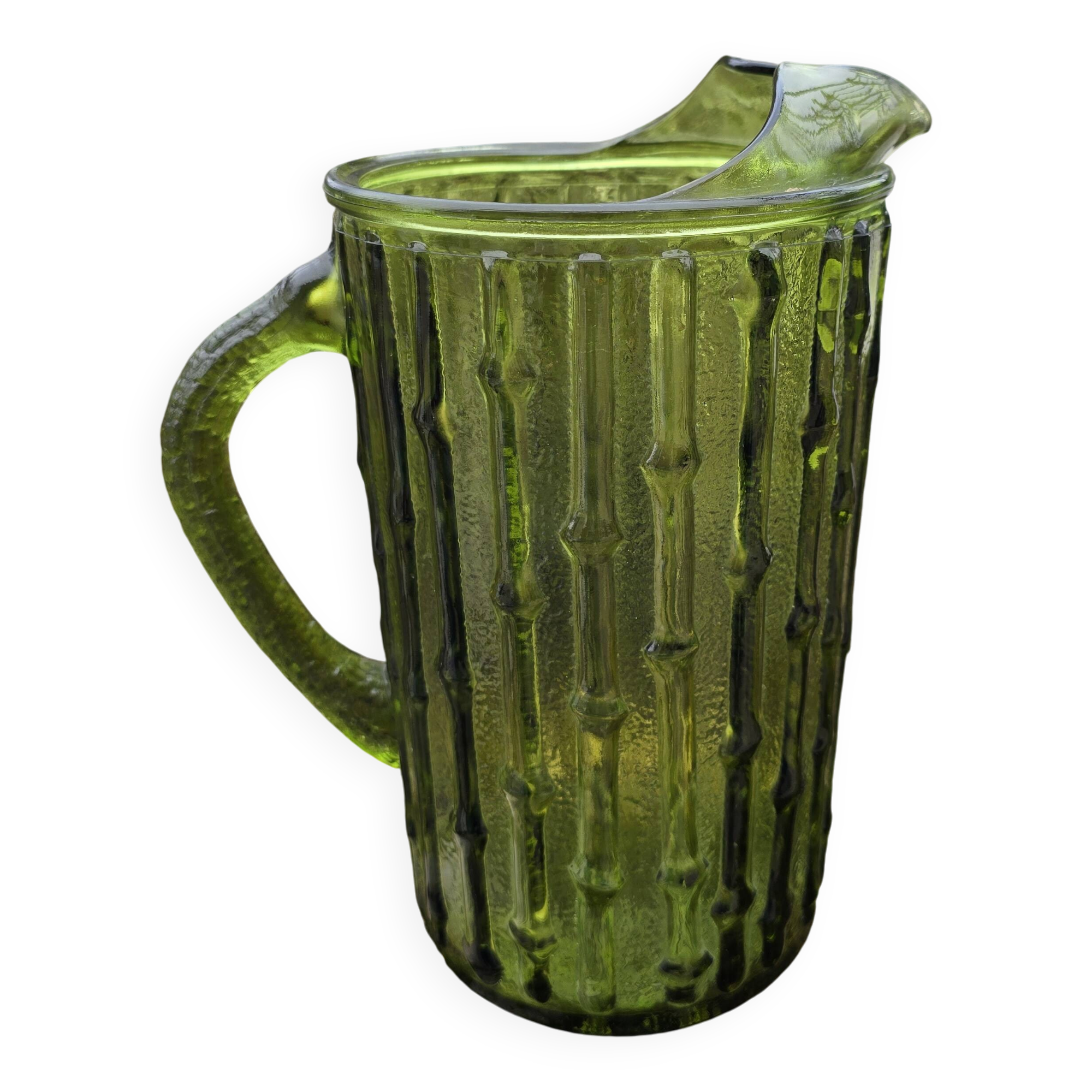 Mid-century glass pitcher attributed to Luminarc Bamboo.