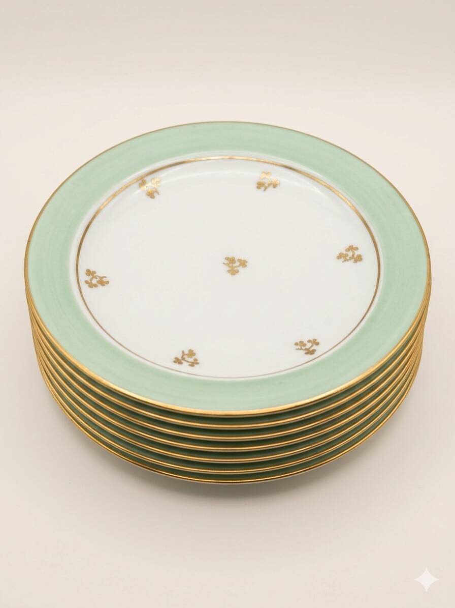 Set of 6 dessert plates in Limoges porcelain - Water green