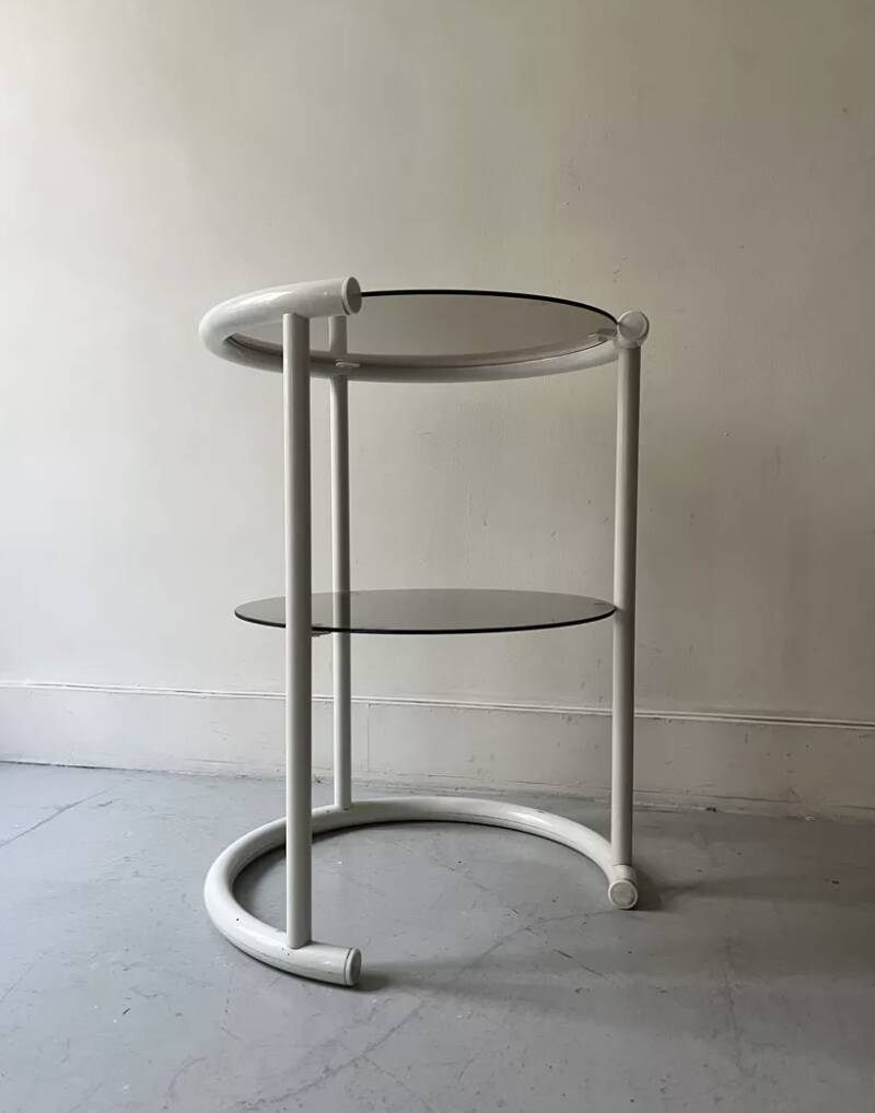 Tubular space age serving table in white metal and pink smoked glass, 1970s design