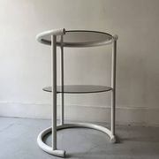 Tubular space age serving table in white metal and pink smoked glass, 1970s design