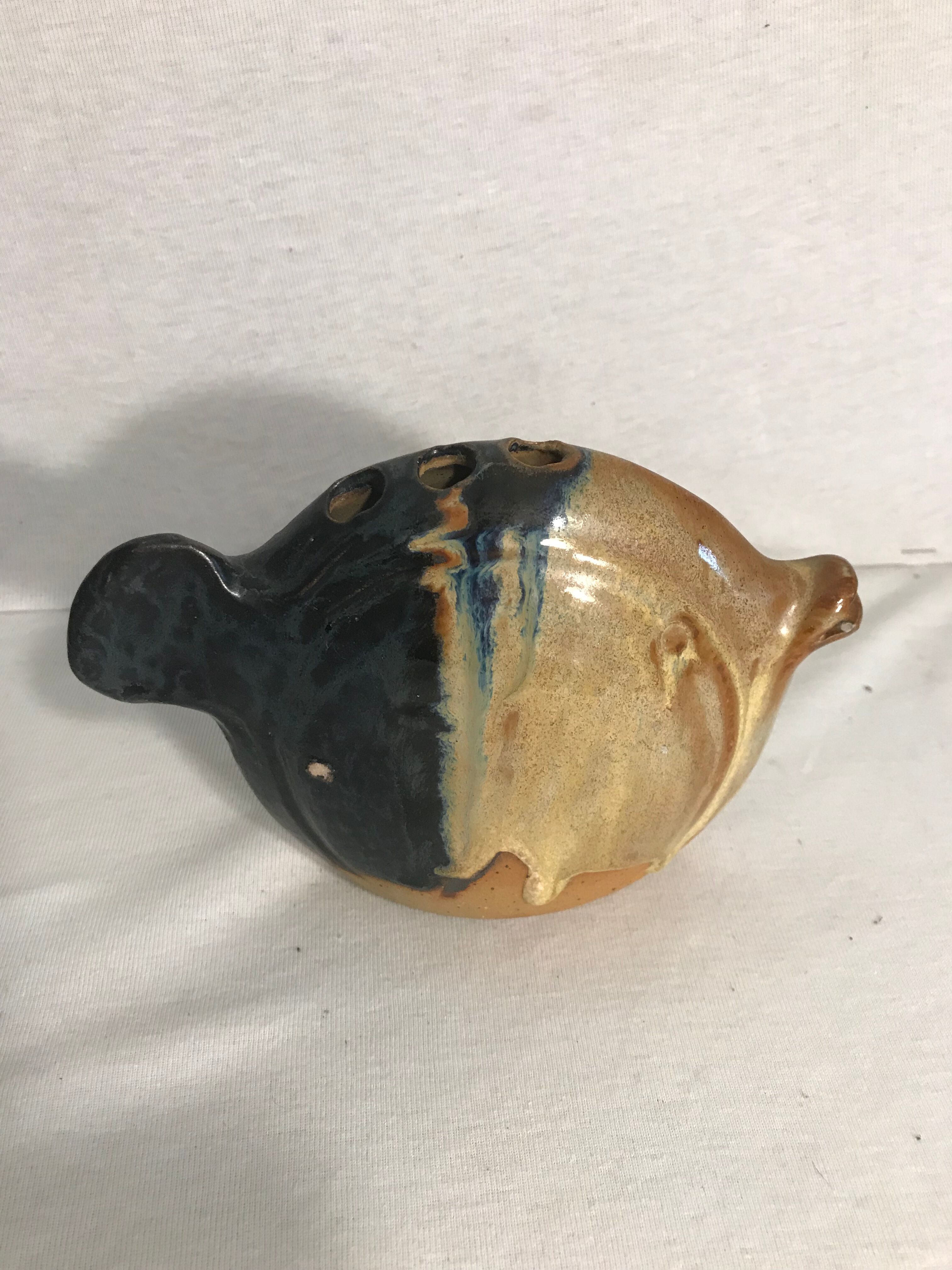 Old vase spades flowers fish ceramic beige & blue decoration vintage