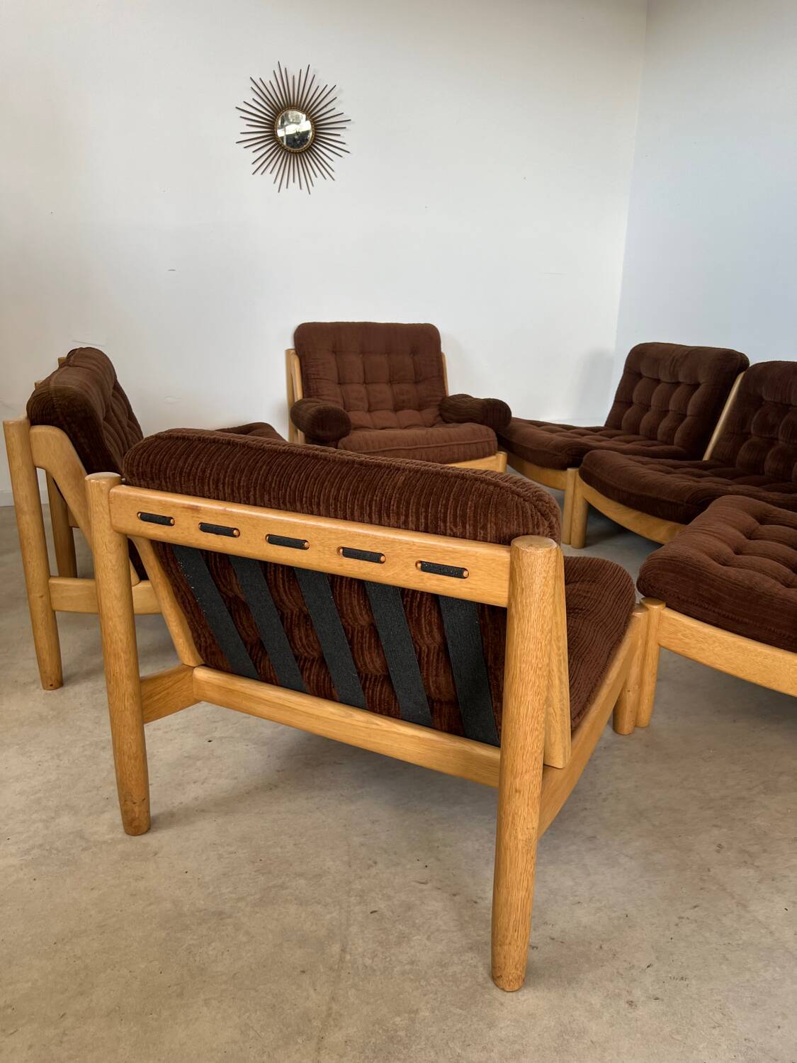 Old modular living room 7 armchairs and vintage Scandinavian design coffee table from the 60s