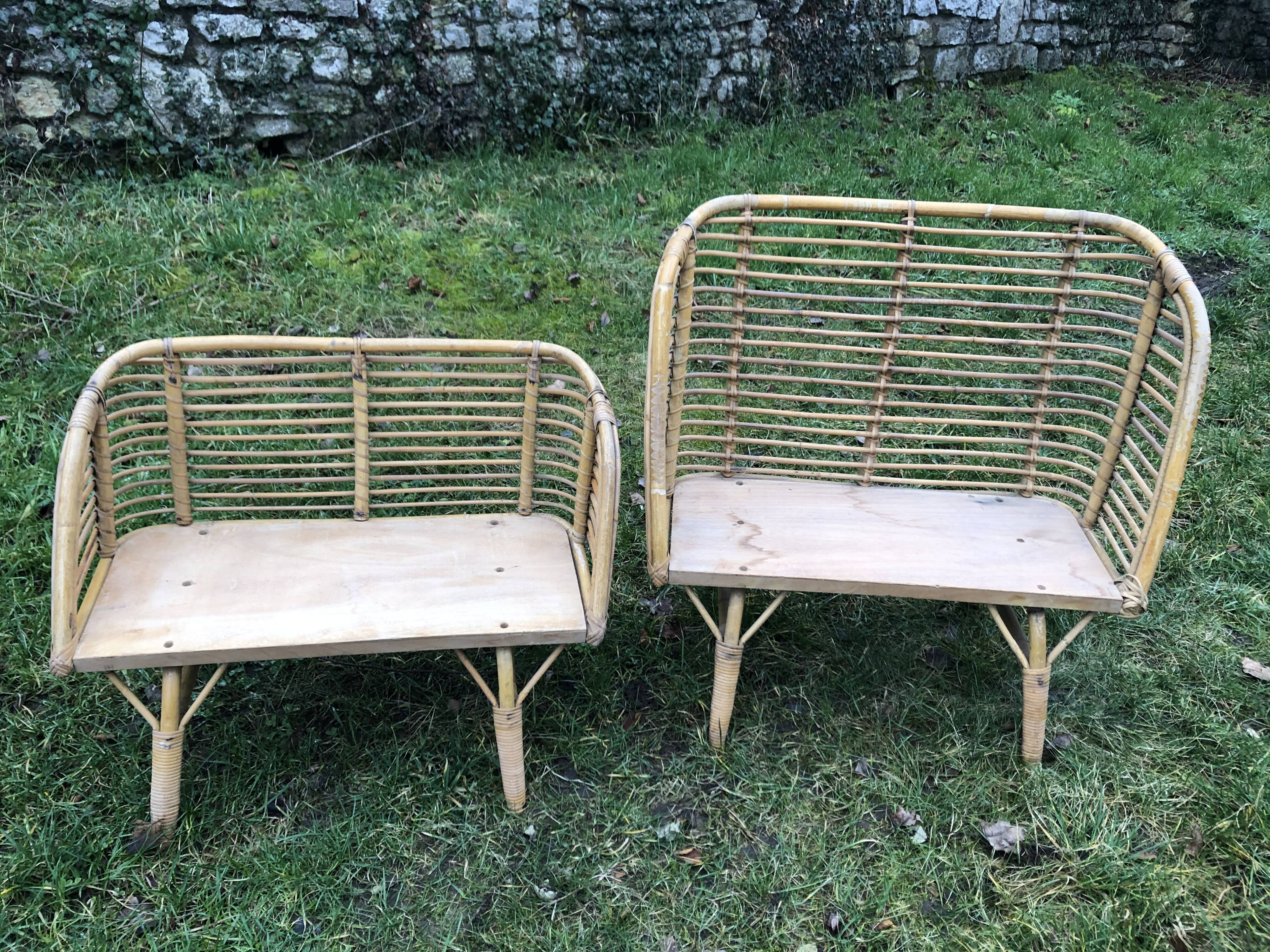 Bamboo rattan benches for kids vintage 60s