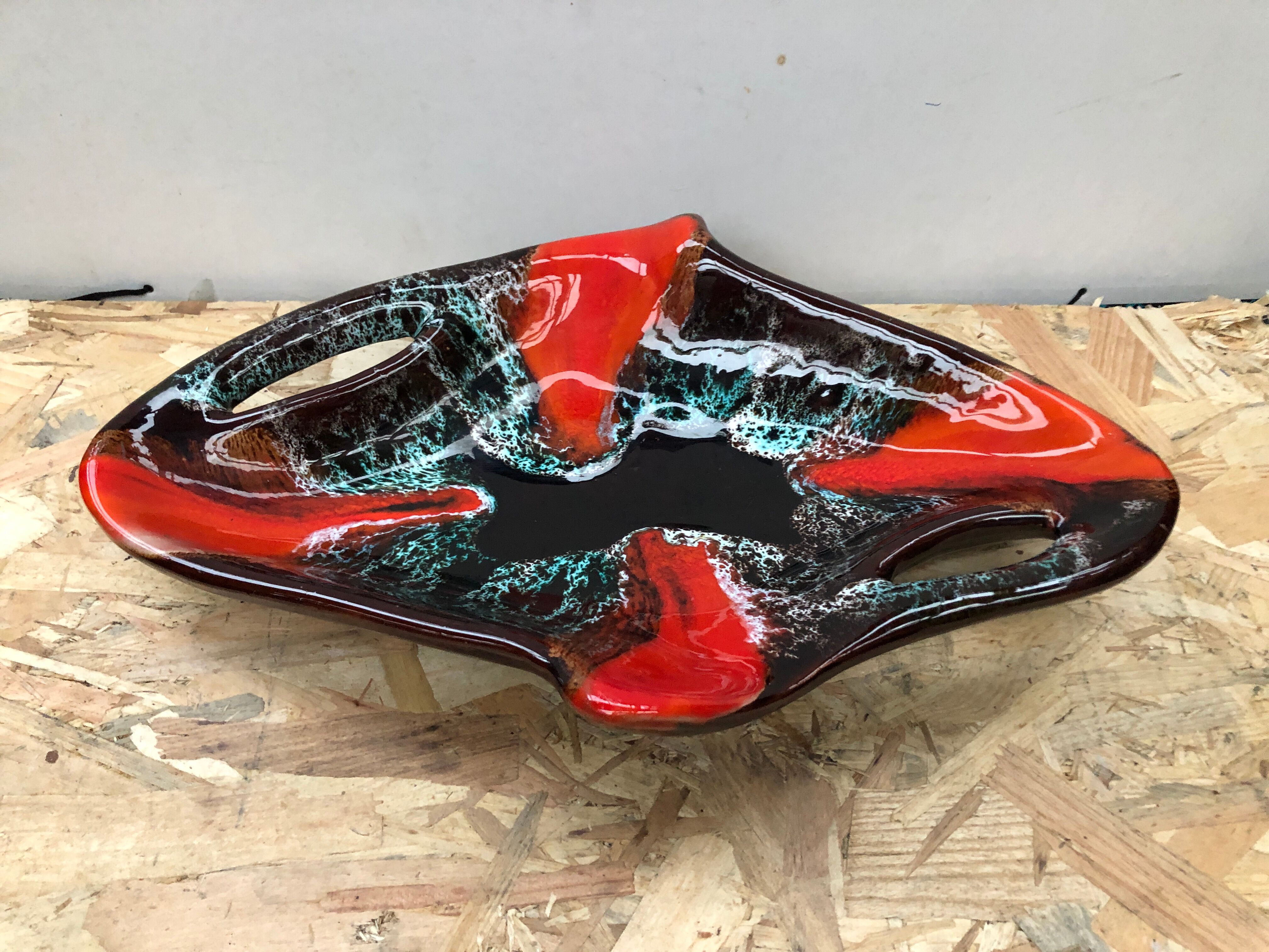 Old dish ceramic brown red black vintage