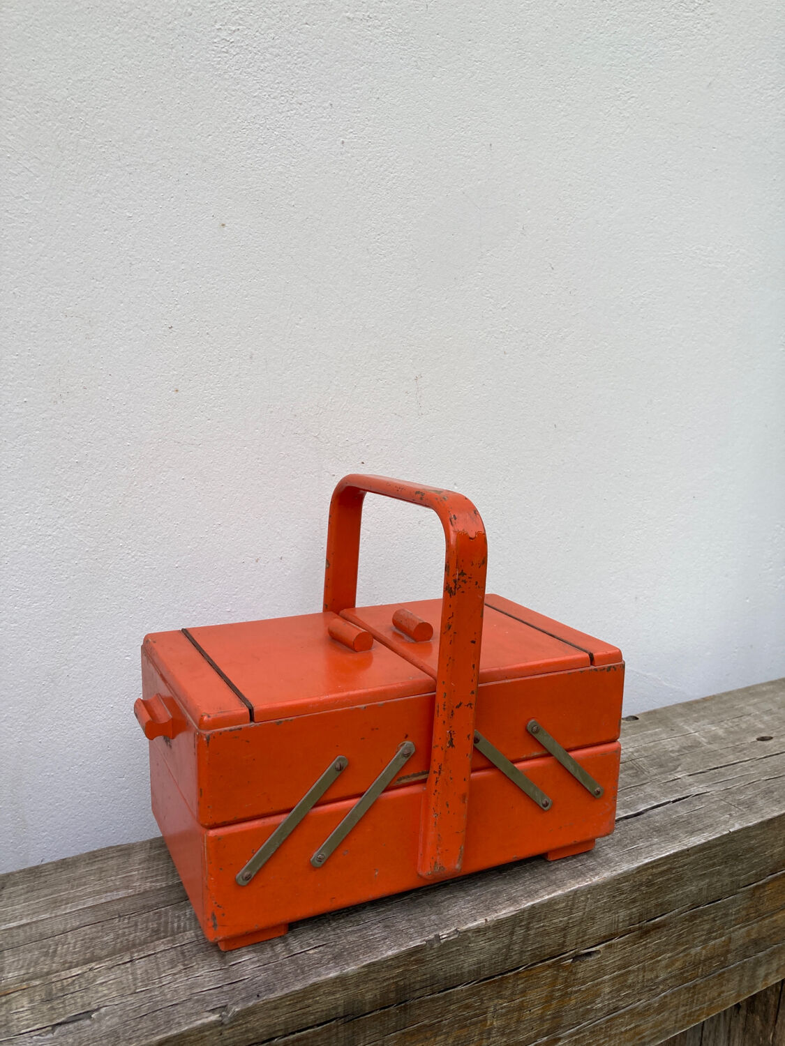 Orange wooden sewing box 1960 1970