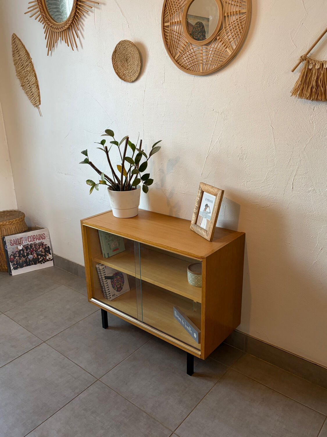 Vintage oak display cabinet from the 1960s.