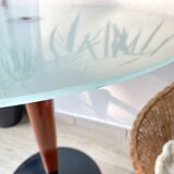 Vintage round mushroom table in wood and glass, 1970s