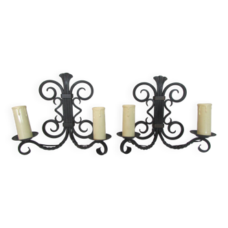 Pair of vintage wrought iron 2-light wall sconces