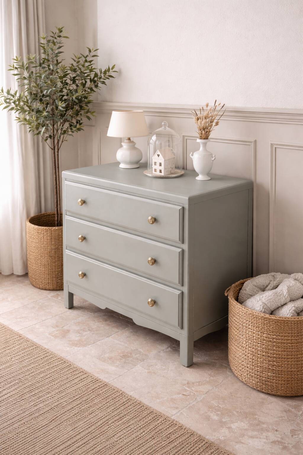 Vintage commode enhanced in grey-green.