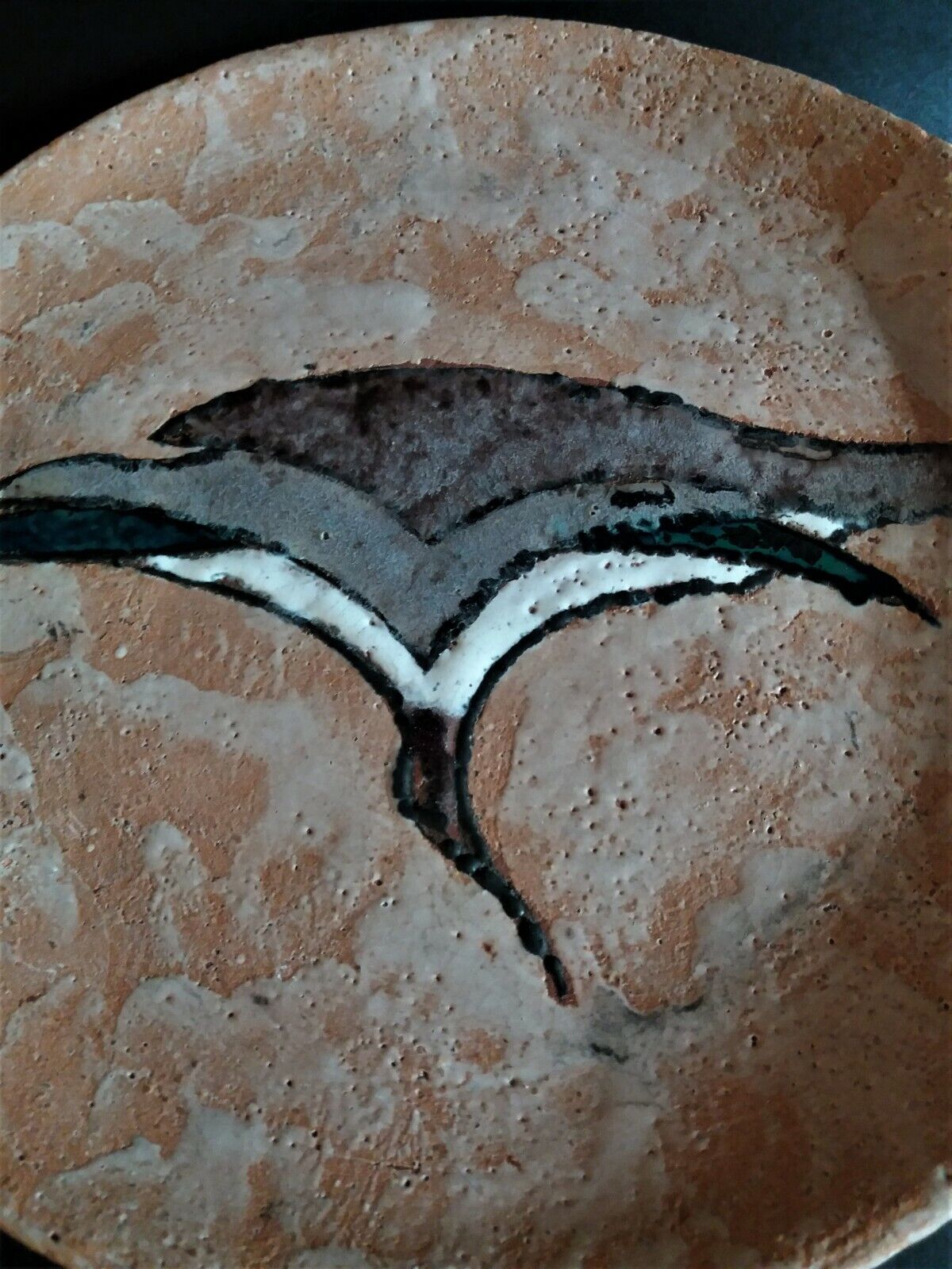 Vintage glazed terracotta ceramic plate signed Olivier