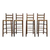 Set of 4 50s bar stools in wood and woven straw seat