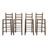 Set of 4 50s bar stools in wood and woven straw seat