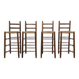 Set of 4 50s bar stools in wood and woven straw seat