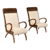 Paire de fauteuils vintage en hêtre teinté, tissu bicolore, années 1950
