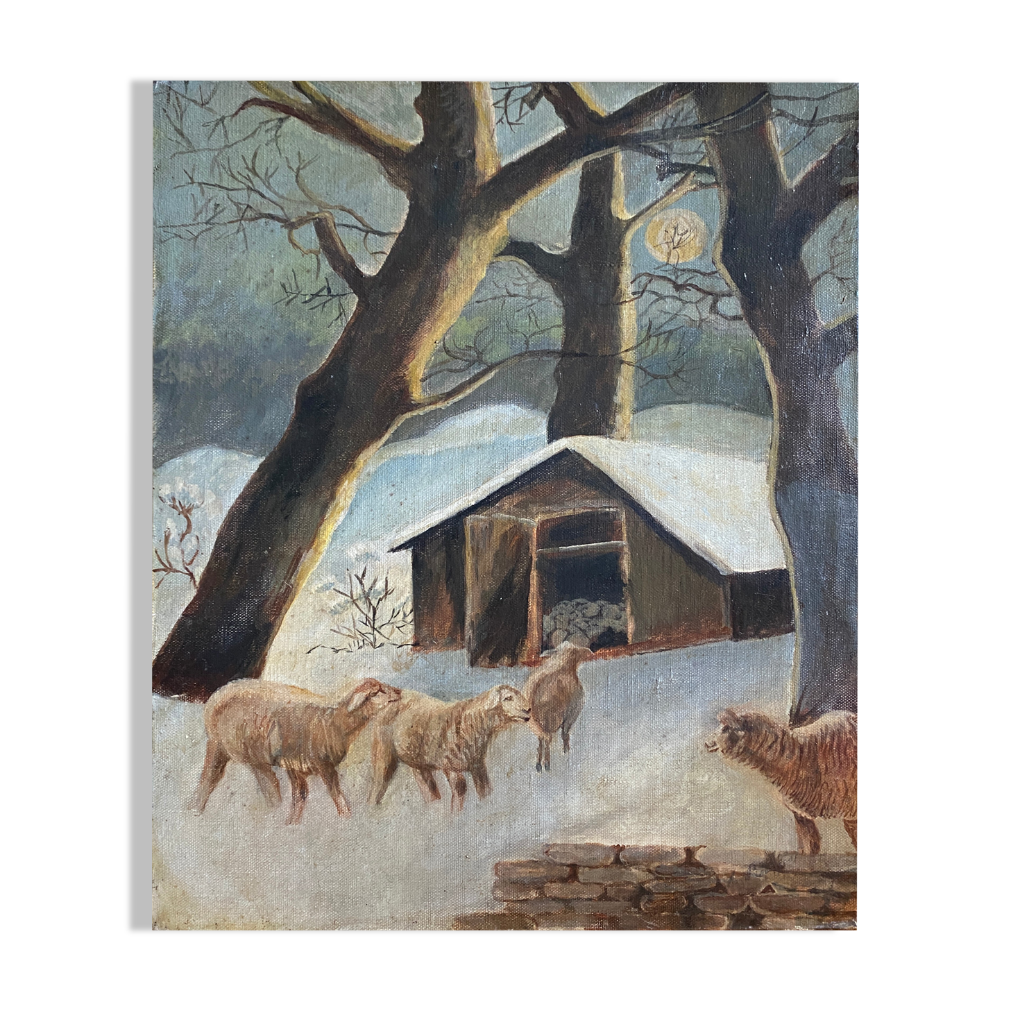 Painting "The sheepfold in winter" signed mid-XX° Sheep