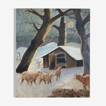 Tableau HSToile "La bergerie en hiver" signé milieu XX° Moutons