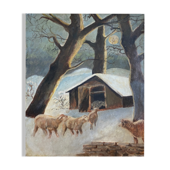 Painting "The sheepfold in winter" signed mid-XX° Sheep