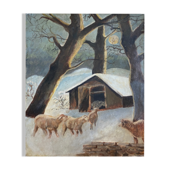 Tableau HSToile "La bergerie en hiver" signé milieu XX° Moutons