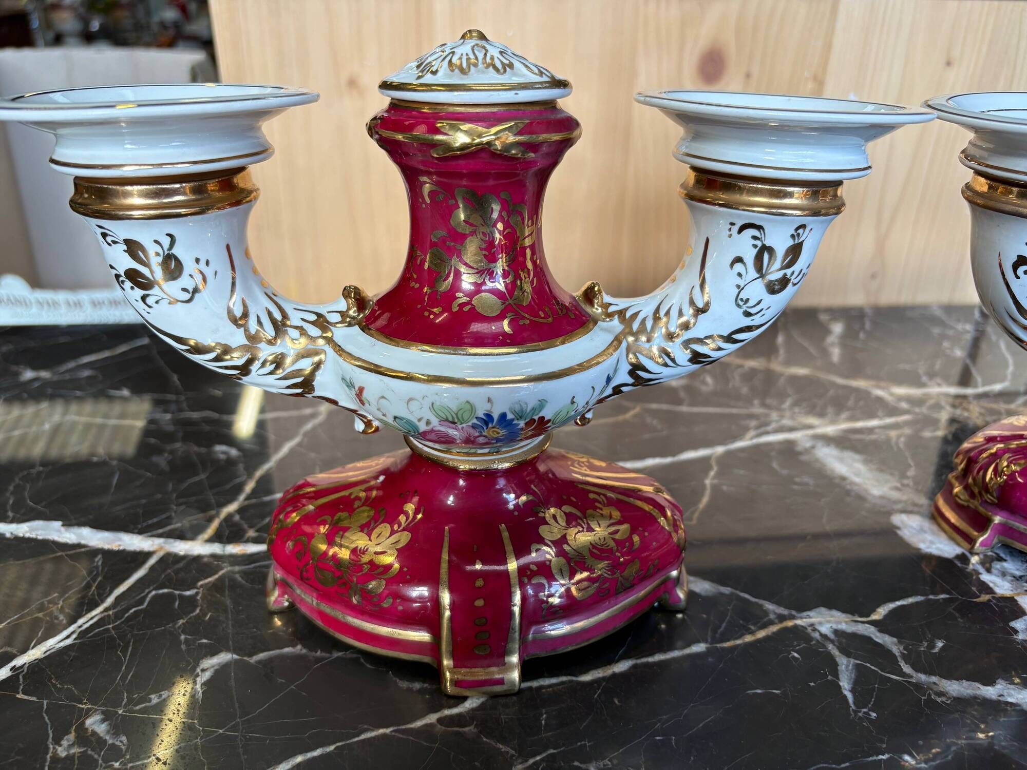 Pair of Limoges porcelain candlesticks with hand-decorated decoration – red and gold