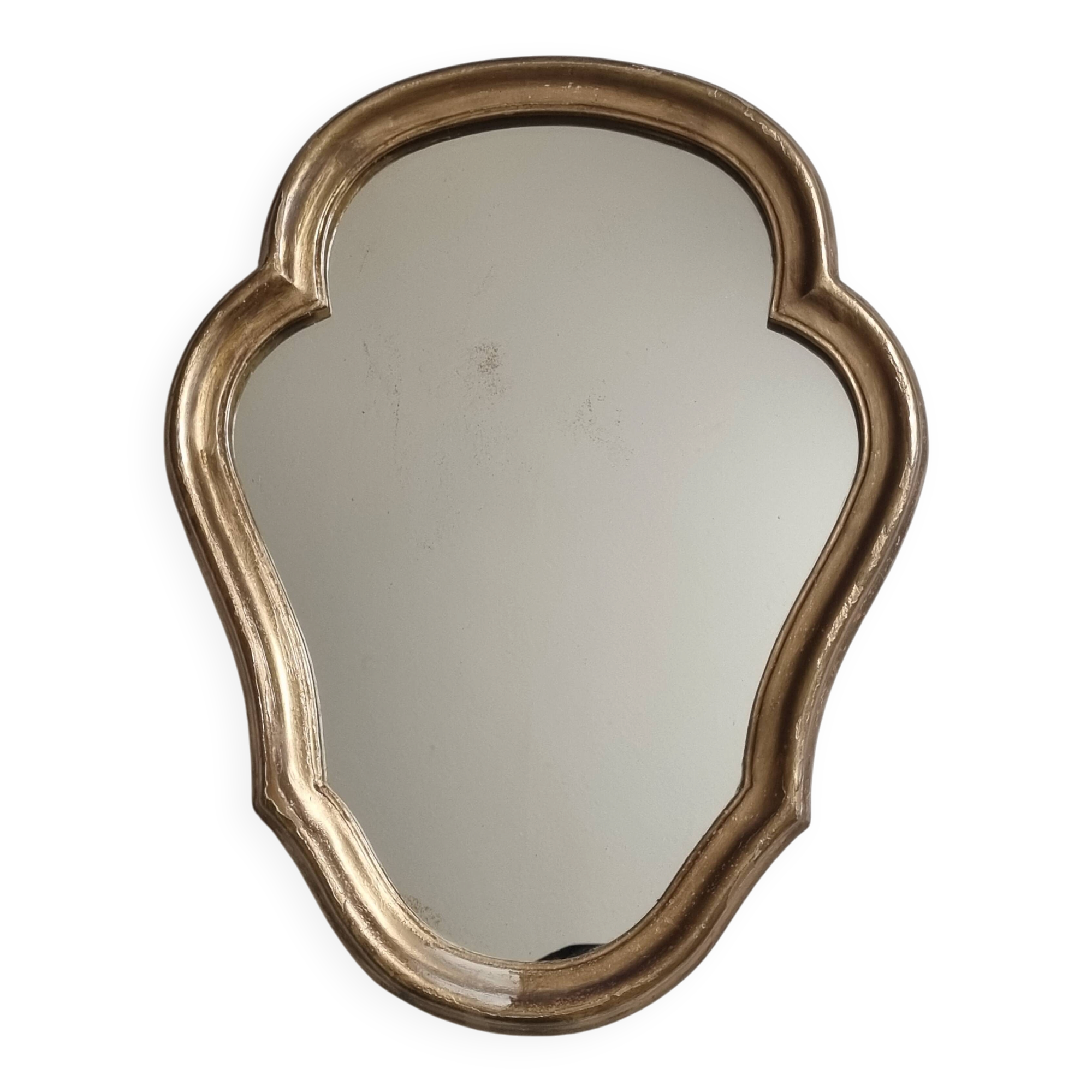 Miroir ancien chantourné en bois doré patiné avec glace d’origine 40x32 cm