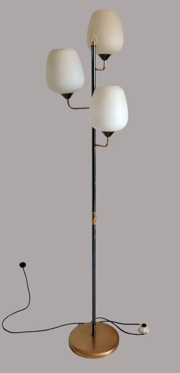 Vintage metal floor lamp with 3 lights and matt white opals